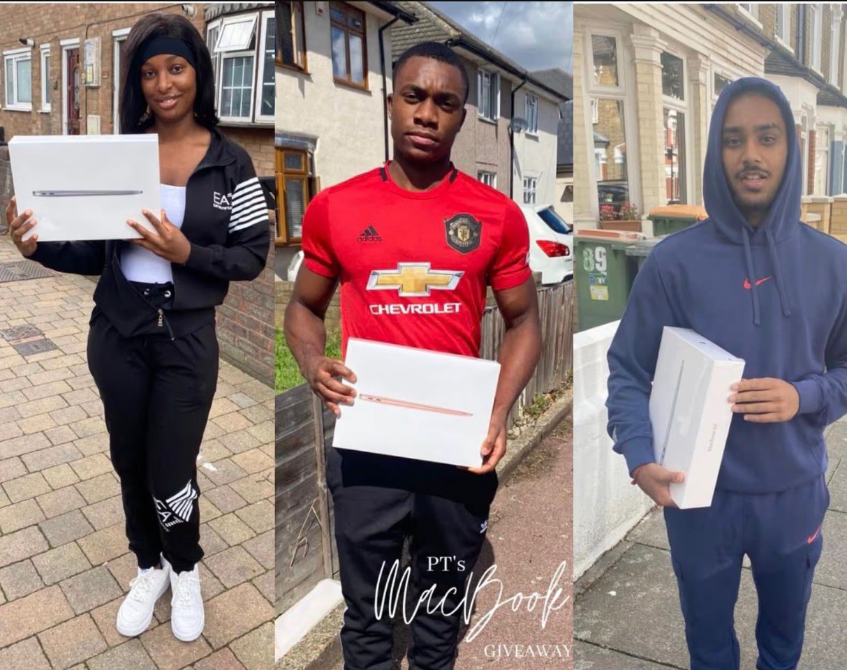 Three students receiving MacBook laptops through Pastor Tobi Adegboyega's giveaway initiative